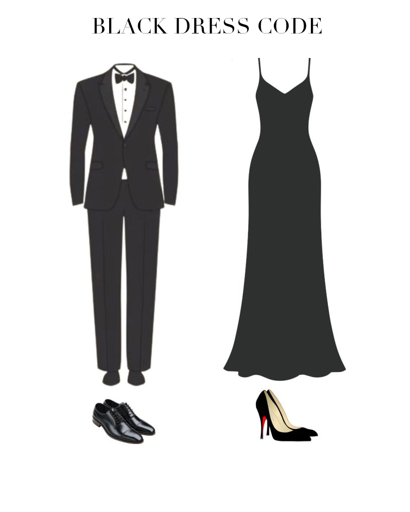 Código de vestimenta: traje negro para hombre y vestido formal negro para mujer